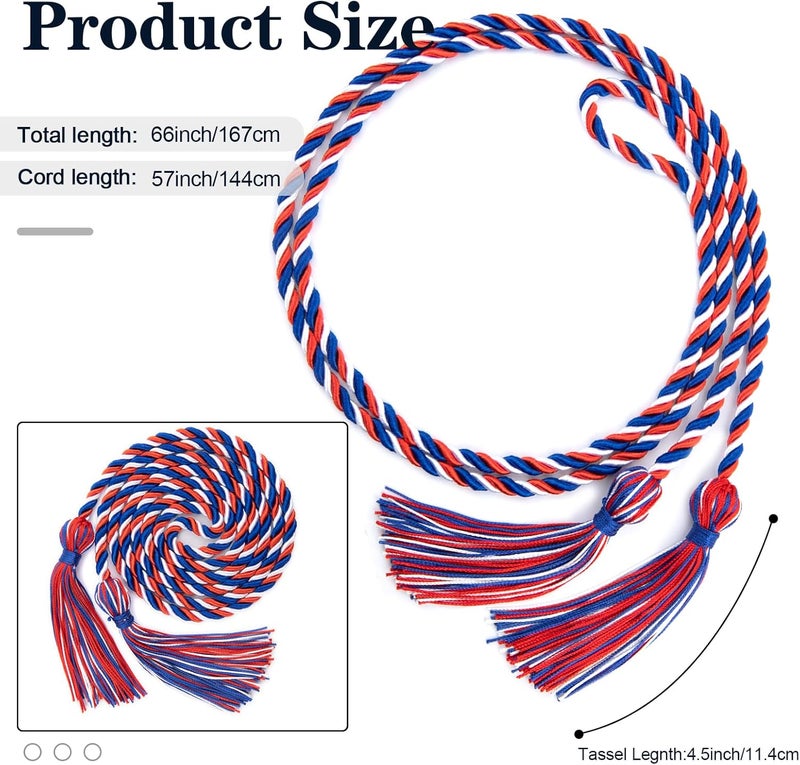 Leislam Graduation Honor Cords, Blue Red White Honor Cords, 2025 Graduation Cords with Tassel, Grad Cords, 67" Long Braided Cords for Bachelor Gown Graduation Decorations for Student Master Doctoral - Image 2